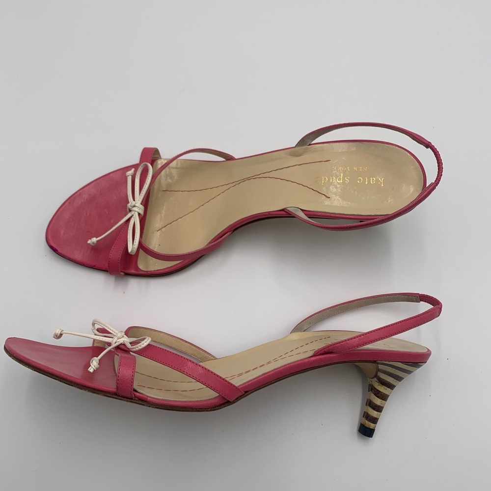 ❤️ Kate Spade ❤️Pink White Bow Strappy Sandals Wooden Kitten Heels Shoes 10B - Picture 1 of 8